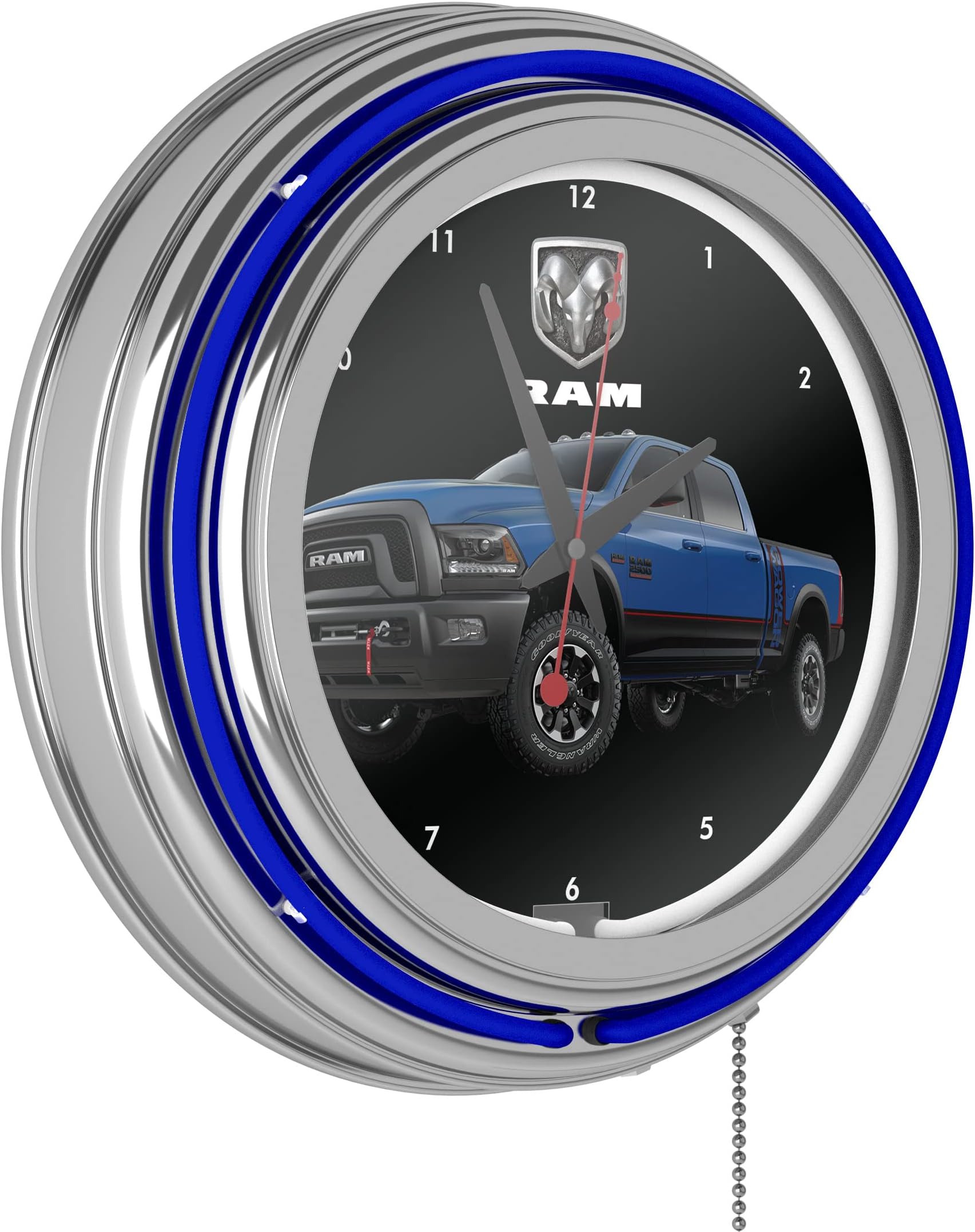Neon Clock - Retro RAM Truck Blue Analog Wall Clock with Pull Chain - for Kitchen, Garage, Game Room, or Home Bar