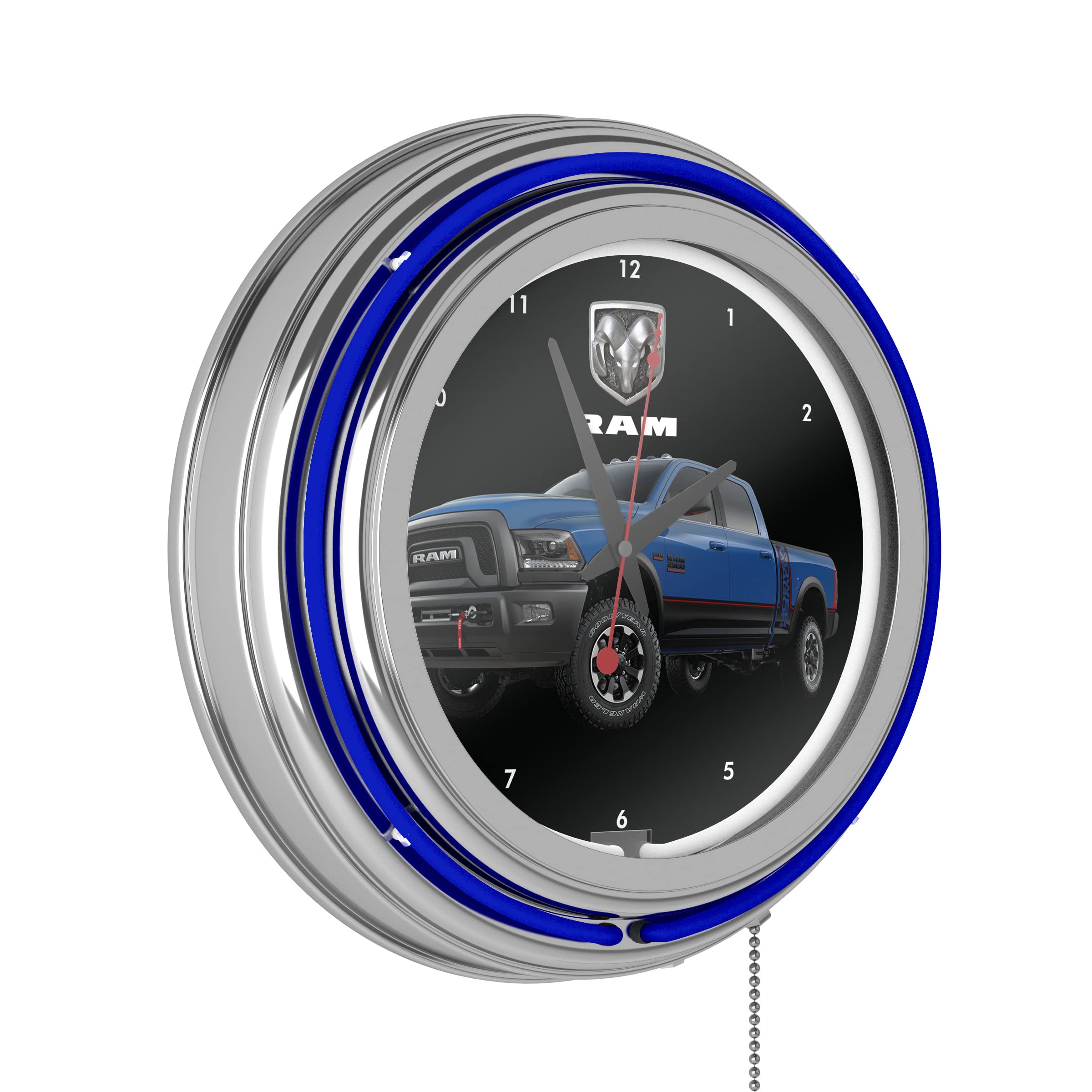 Neon Clock - Retro RAM Truck Blue Analog Wall Clock with Pull Chain - for Kitchen, Garage, Game Room, or Home Bar
