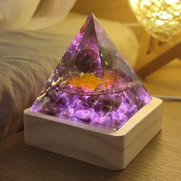 Orgone Crystal Pyramid for Positive Energy, Light Base Natural Orgonite Amethyst Gemstone Obsidian Ball Stones, Healing Pyramids Gift for Chakra Reiki Healing Meditation Lucky Happiness Fortune
