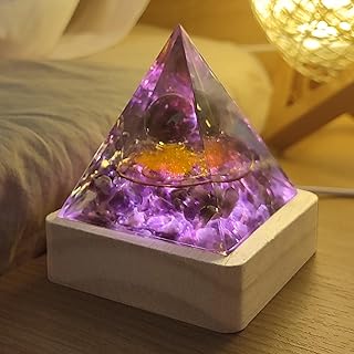 Orgone Crystal Pyramid for Positive Energy, Light Base Natural Orgonite Amethyst Gemstone Obsidian Ball Stones, Healing Pyramids Gift for Chakra Reiki Healing Meditation Lucky Happiness Fortune