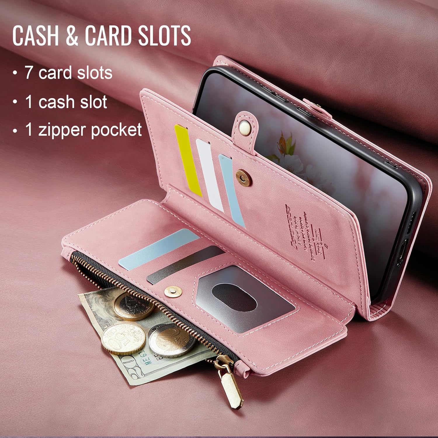 Defencase for Galaxy S25 Case Wallet with RFID Blocking Card Holder for Women Men, Elegant PU Leather Magnetic Snap Flip Wristlet Strap Zipper Wallet Phone Cases for Samsung Galaxy S25 5G 6.2", Pink - Image 8