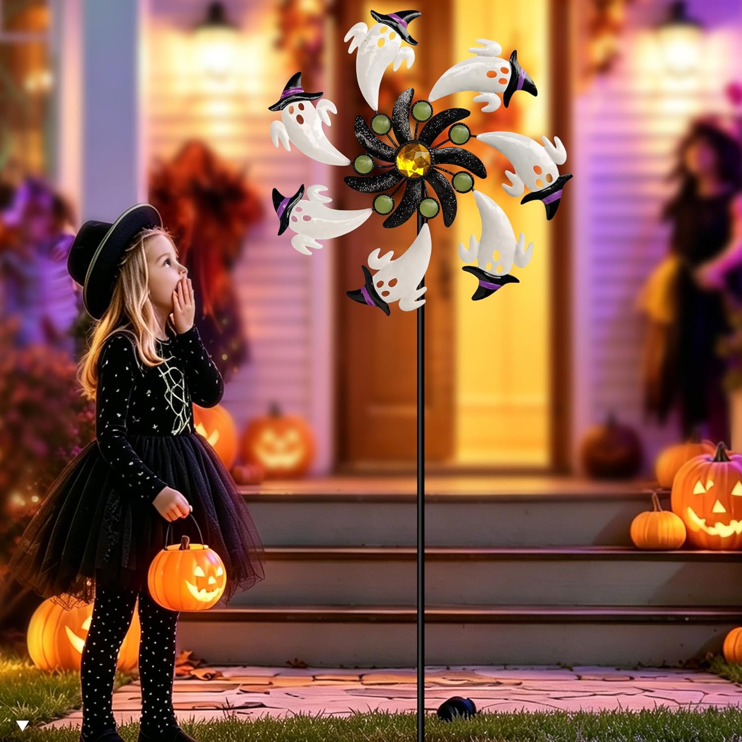 COOZZYHOUR Halloween White Ghost Wind Spinner,39" Metal Yard Garden Stake Wind Sculpture,Cute Ghost with Witch Hat Kinetic Spinners,Outdoor Patio Lawn Halloween Party Decoration