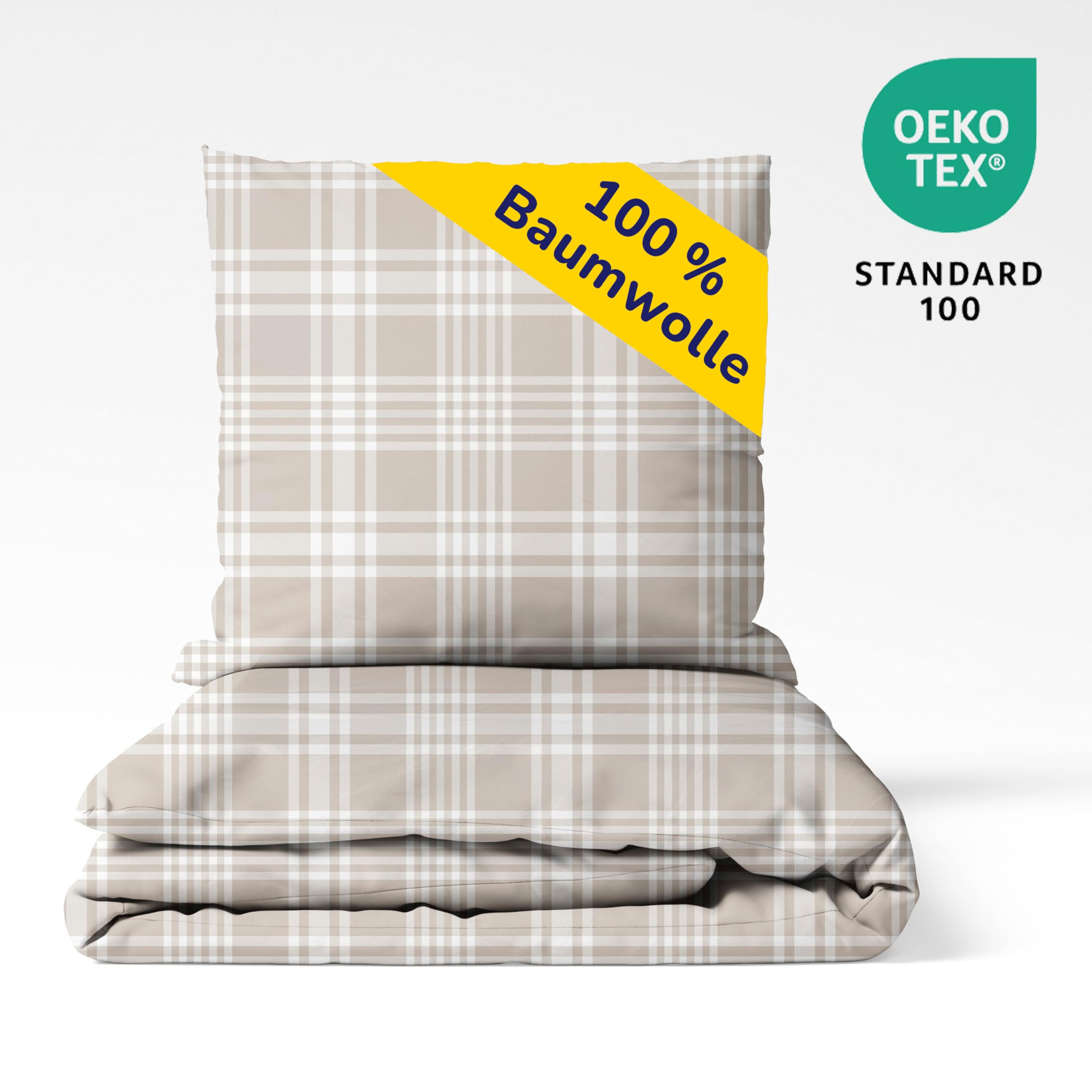 Träumschön Biber Bettwäsche Set 2tlg 155x220 cm + 80x80 cm – Flauschige Bettwäsche Beige – Weiche Winterbettwäsche Kariert - Atmungsaktiv, Warm & Hautfreundlich - 100% Baumwolle