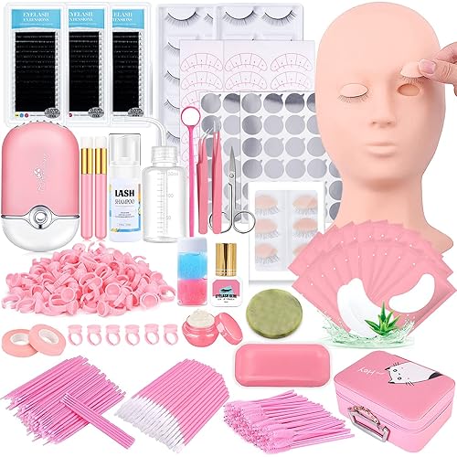 Kit de extensión de pestañas profesional con cabeza de maniquí, párpados extraíbles, ventilador de pestañas USB, pestañas postizas individuales,