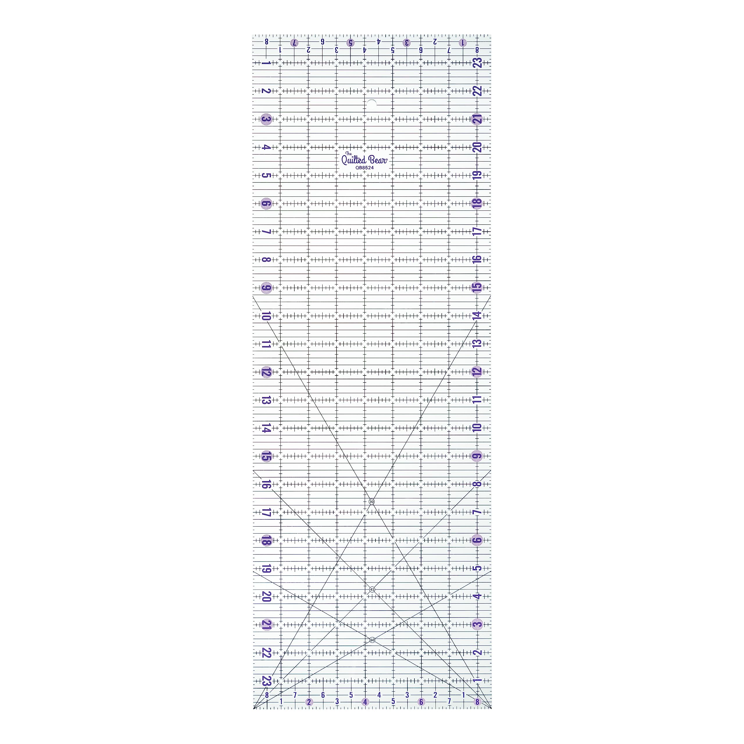 The Quilted Bear Quilting Rulers - Transparent Acrylic Non Slip Quilting, Patchwork & Sewing Ruler with Clear Black Lines & 30, 45 & 60 Degree Angles (8.5" x 24")