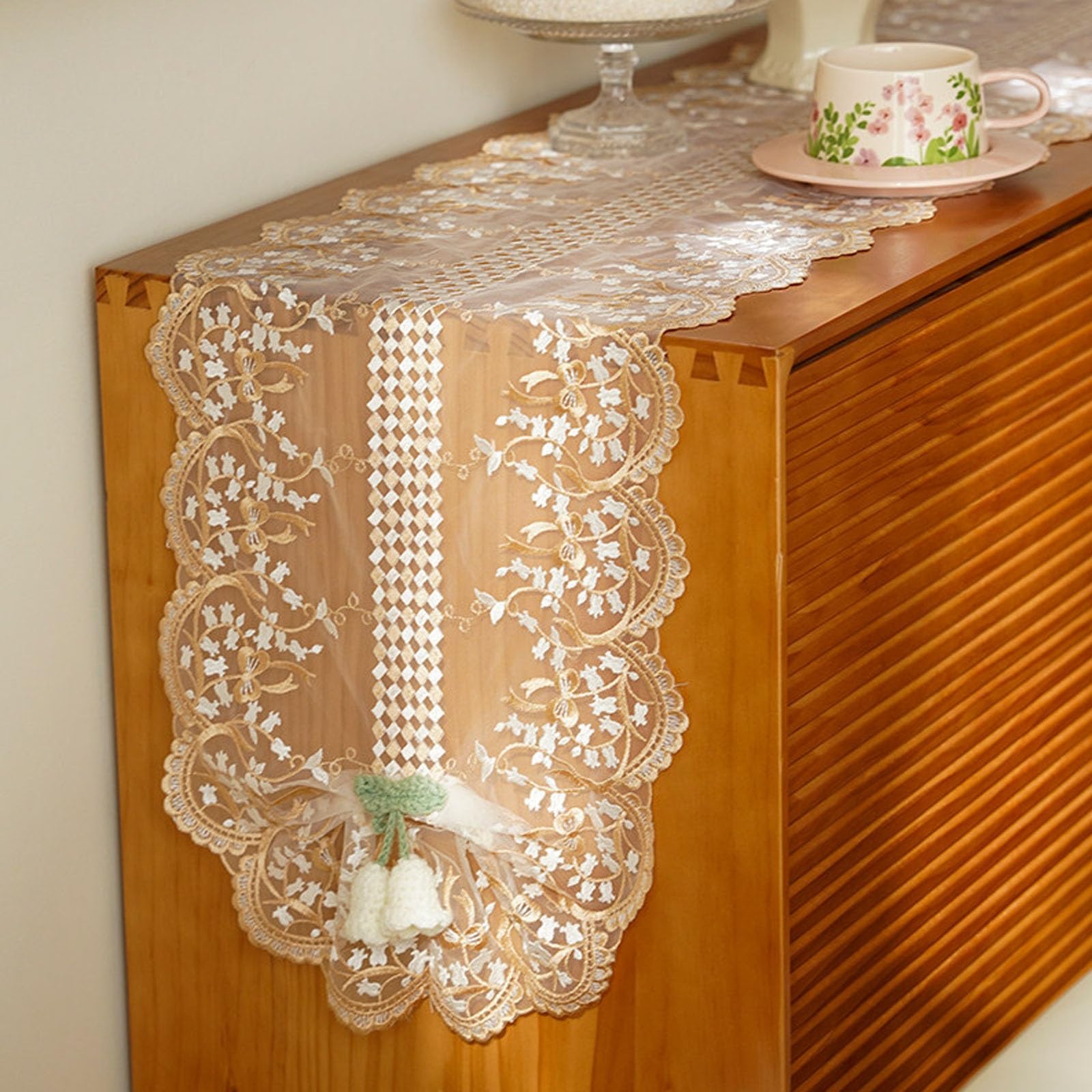 Lily Of The Valley Lace Table Runner, Sheer Tulle Embroidery With Bow Tassel, Vintage Farmhouse Decor For Dining & Coffee Tables, Multiple Sizes(Champagne,280cm/110.2in)