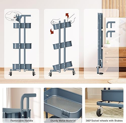 Miniatura 4 de DTK Mini carrito plegable de 3 niveles, carrito utilitario de metal con ruedas con bloqueo, carrito de almacenamiento plegable para sala de estar,