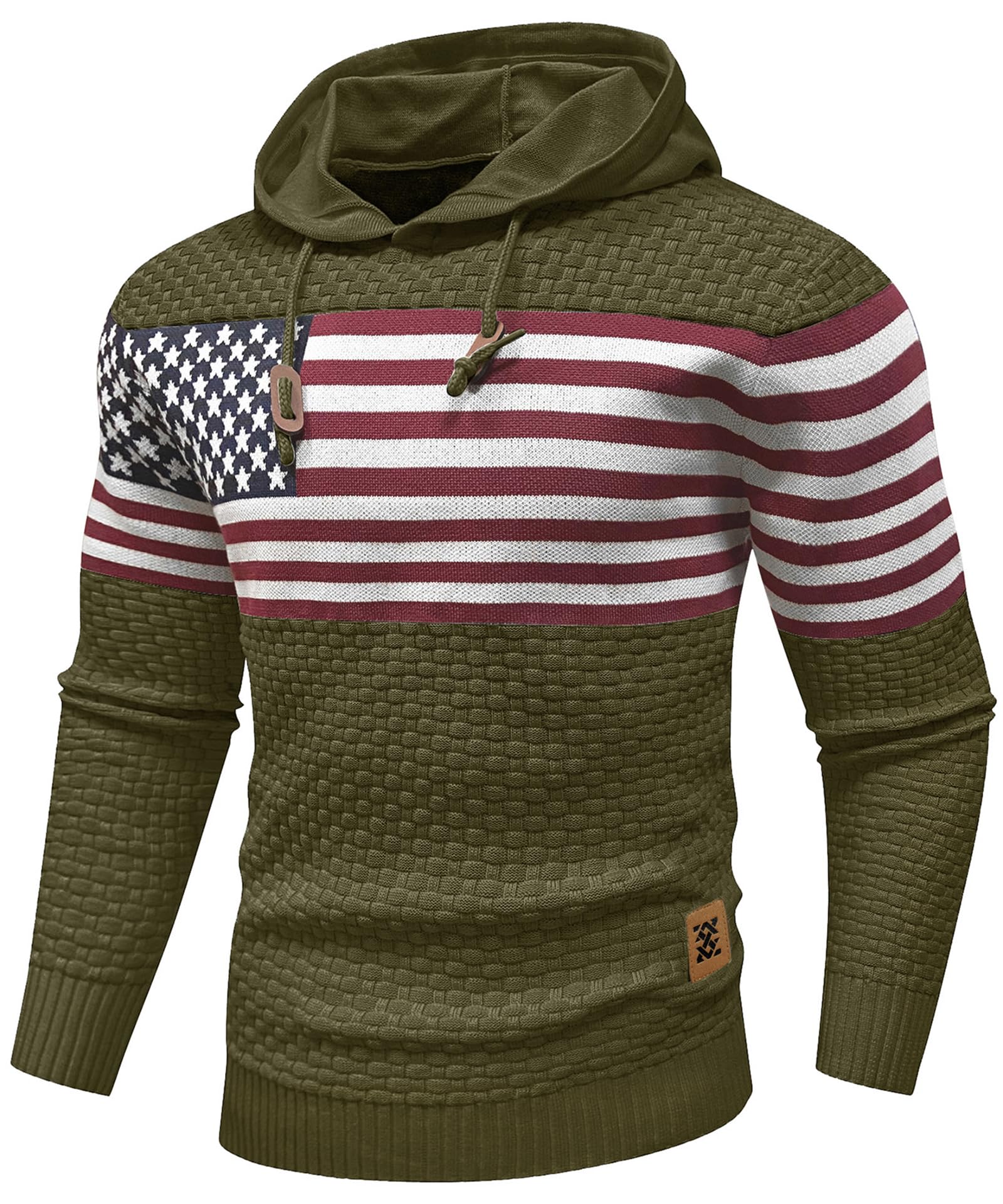Zaitun Mens Hooded Sweatshirt Long Sleeve American Flag Knitted Hoodie Pullover Sweater