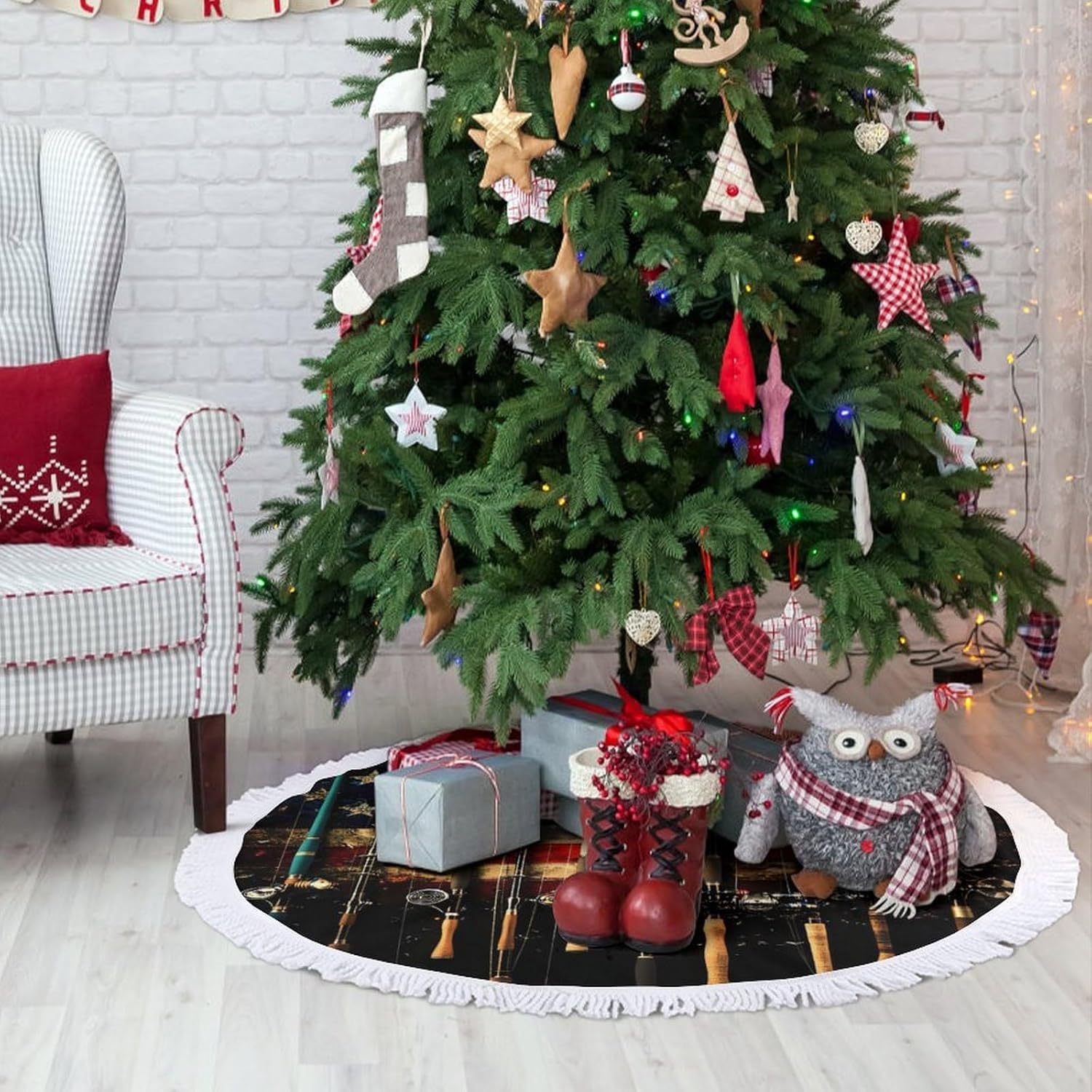 USA Flag Fishing Rod Christmas Tree Skirt Round Xmas Tree Mat Ornaments Tree Skirts with Tassels for Holiday Party
