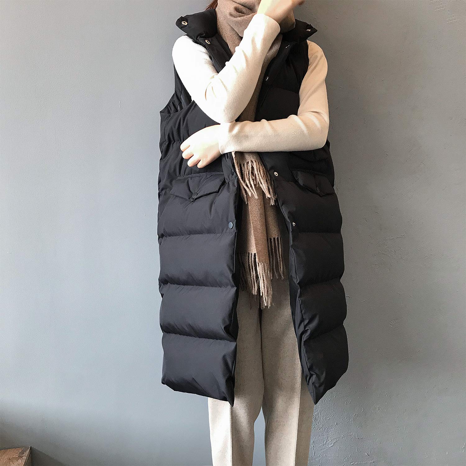 Cappotto Donna Elegante, Gilet Lungo Senza Maniche Da Donna, Gilet Invernale Imbottito Lungo Trapuntato Giacca Da Donna Smanicato Piumino,Nero,S