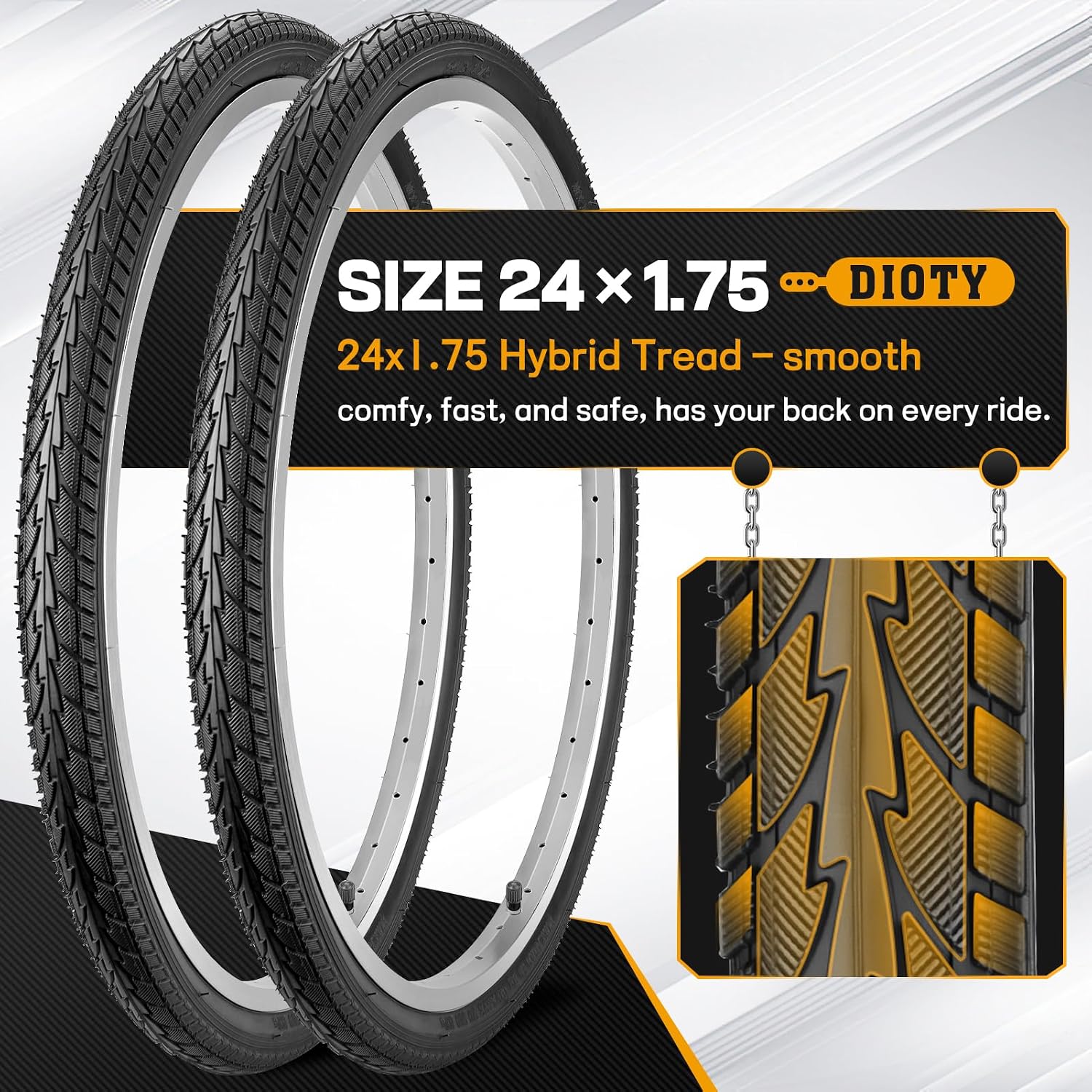 2 Pack 24 inch Bike Tires Set,24x1.75 Folding Bike Tires Replacement Wear-Resistant Bicycle Tires and Tubes Set Includes a Pair of Tire Levers for Hybrid Road City Commuter MTB Off-Road Bike