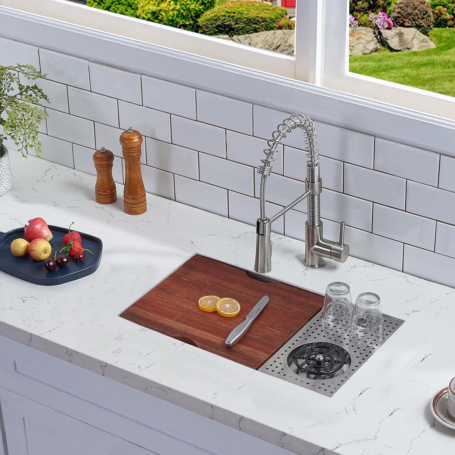 VCCUCINE 23x14 Inch Undermount Kitchen Bar Sink with Glass Rinser,23 Inch RV Small Stainless Steel Workstation Sink,16 Gauge Single Bowl Outdoor Wet Bar Prep Sink with Cutting Board & Strainer