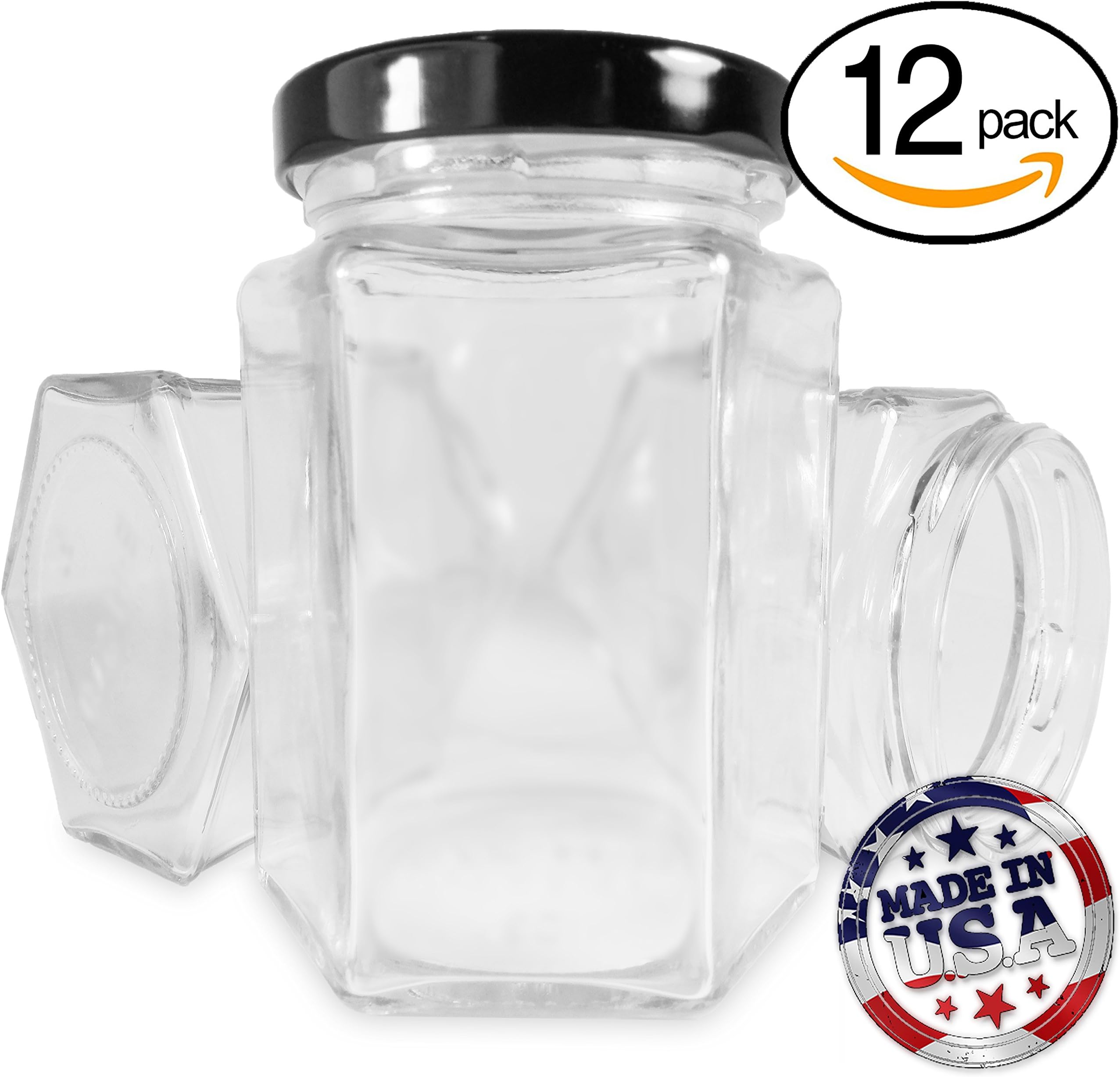 9 oz Hexagon Jars Black Lid (12 Pack), Large Hexagon Glass Jars with Black Metal Lid for Jam, Preserves, Honey, Candles, Crafts, Baby Food, Gifts, DIY, Spices