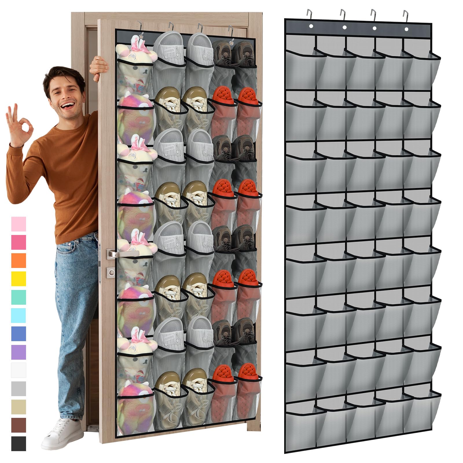 Windyun Over the Door Shoe Organizer with 40 Large Breathable Mesh Pocket, Space Saving Hanging Shoe Rack Hanger Gray Behind the Door Storage Holder for Entryway Closet Bedroom Utility Room Women Men