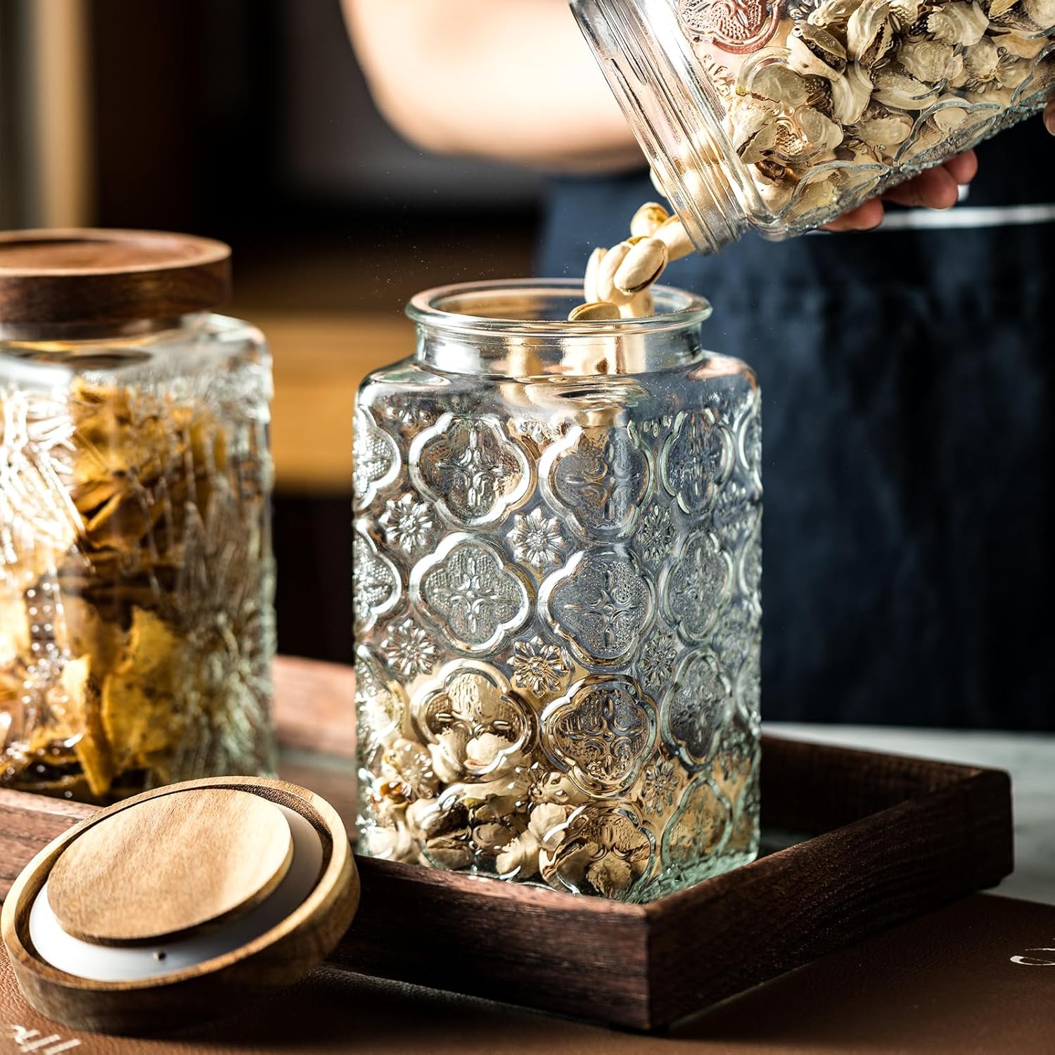 Vintage glass sealed storage jar with sealed wooden lid, Kitchen Storage glass food storage container for, coffee beans, oats, flour, cereal, food storage jar (Sunflower) - Image 7