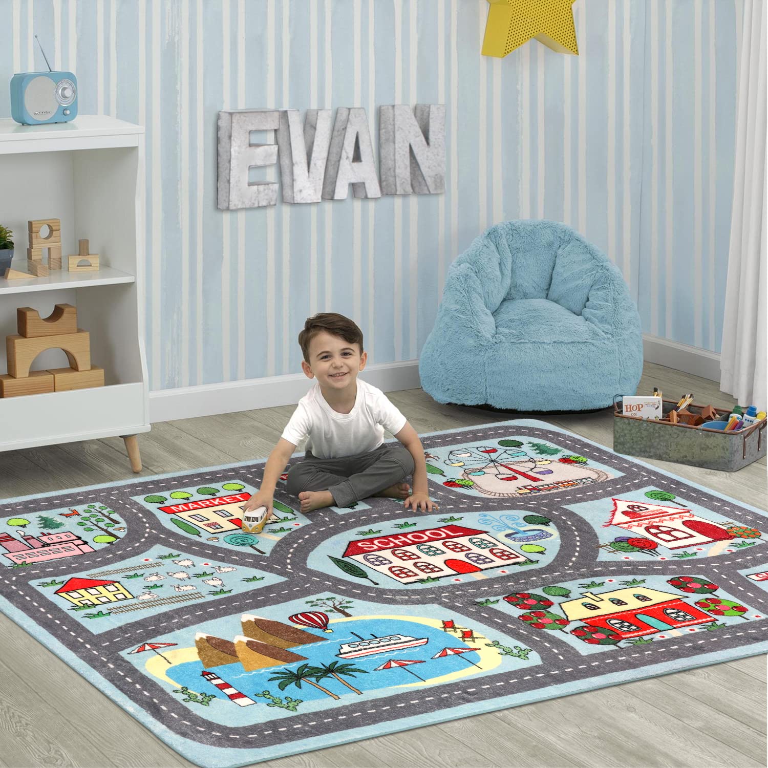 LIVEBOX Large Playroom Rug 5'x7' Kids Play Mat for Classroom, Road Traffic Carpet for Boys Girls Playing Cars Toys, City Life Nursery Car Rug for Toddlers Bedroom Kids Room