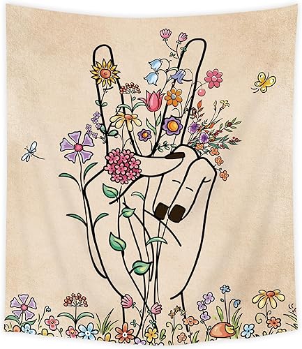 SVBright Tapiz de Paz y Amor Beige Abstracto Flor Botánica de Mano para Colgar en la Pared 51Wx59H Pulgadas Arte de Línea Floral Hippie Minimalista