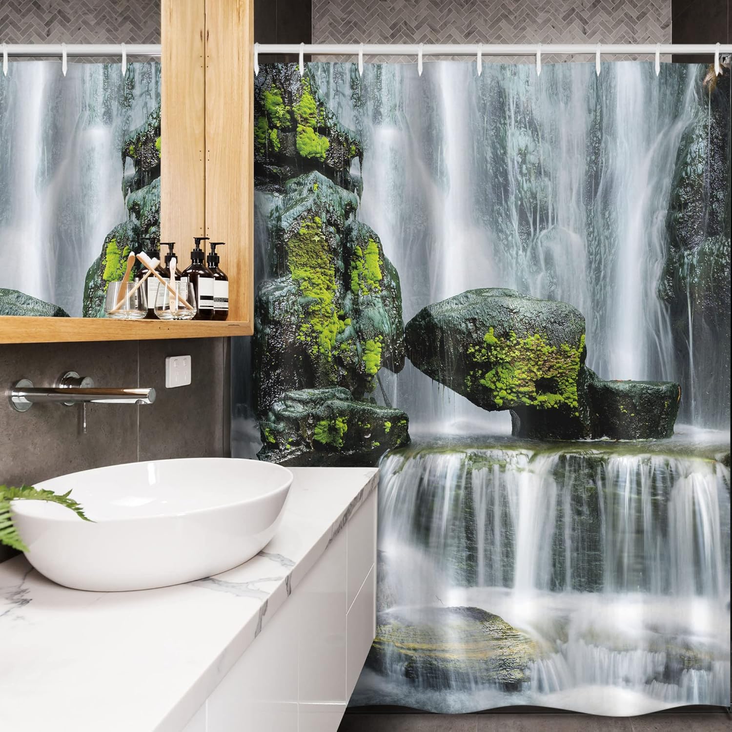 Ambesonne Waterfall Stall Shower Curtain, Majestic River Blocked Massive Rocks Moss on Them Photo, Fabric Bathroom Decor Set with Hooks, 54" W x 78" L, Green Black and White