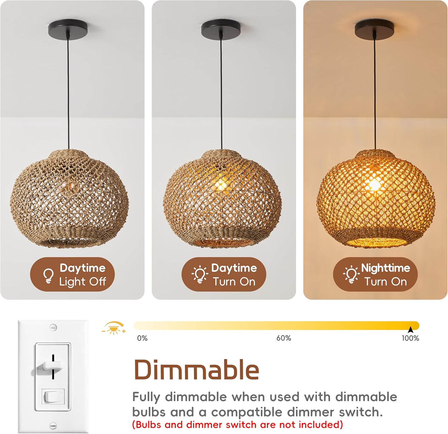 Littleglovo Large 16.5" Pendant Lights Kitchen Island, Boho Rattan Chandelier, Dining Room Light Fixture, 1-Light Handwoven Hanging Lamp, Farmhouse Coastal for Bedroom Living Room Entryway Foyer