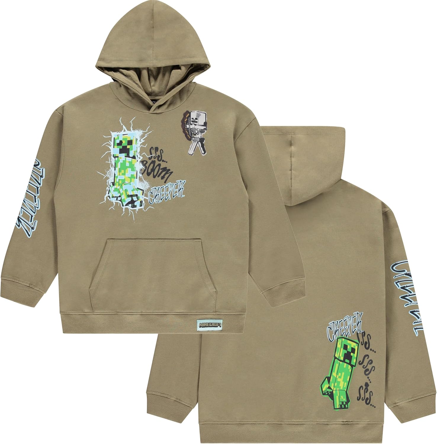 Minecraft Boys Pullover Hoodie, Creeper Graphic Fleece Sweatshirt, Olive Green, Sizes S–XL