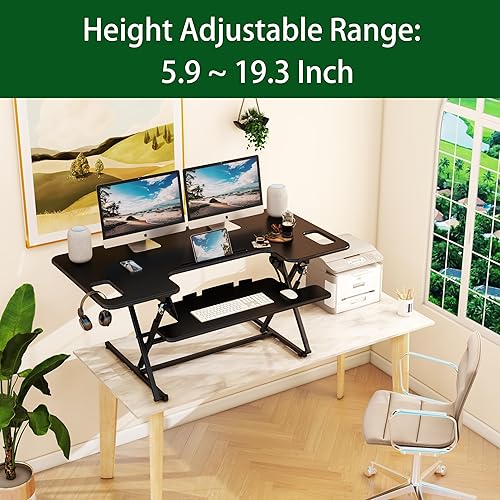 Miniatura 2 de Convertidor de escritorio de pie, 47 x 24 pulgadas, altura ajustable, elevador de escritorio para monitores duales con bandeja para teclado, negro,