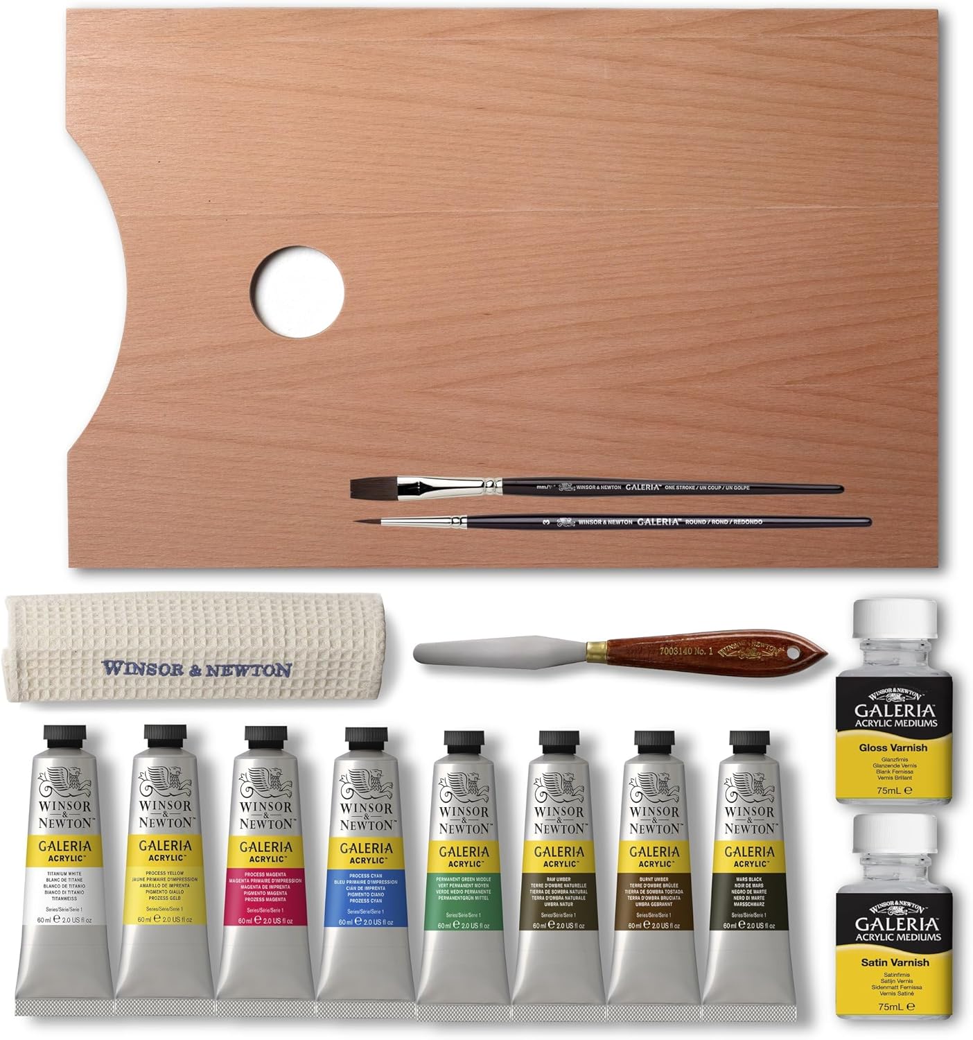 Winsor & Newton Galeria Acrylic Paint, Wooden Set 8 x 60ml Tubes (includes 2 Brushes, 2 Varnishes, Knife, Cloth)