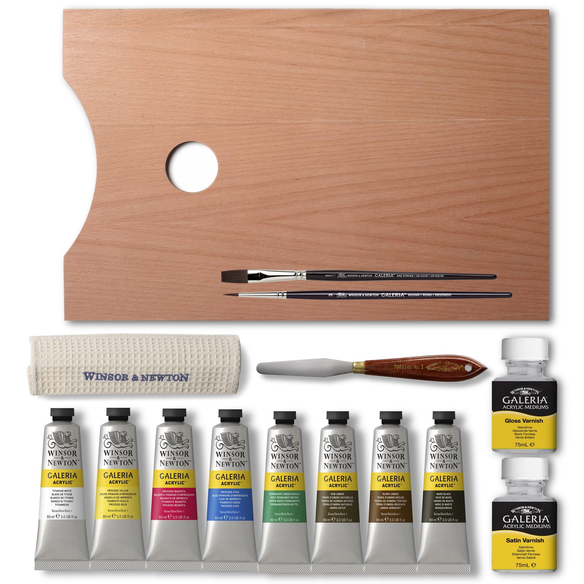 Winsor & Newton 2190614Zestaw farb akrylowych Galeria w drewnianym pudełku, 8 farb akrylowych w tubkach 60ml, lakier błyszczący, lakier półmatowy, nóż malarski, 2 pędzle i akcesoria