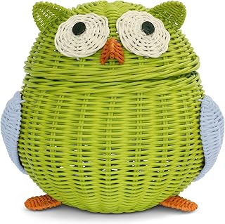 G6 COLLECTION Owl Rattan Storage Basket With Lid Decorative Bin Home Decor Hand Woven Shelf Organizer Cute Handmade Handcrafted Nursery Gift Animal Decoration Artwork Wicker Hoot Owl (Large, Green)