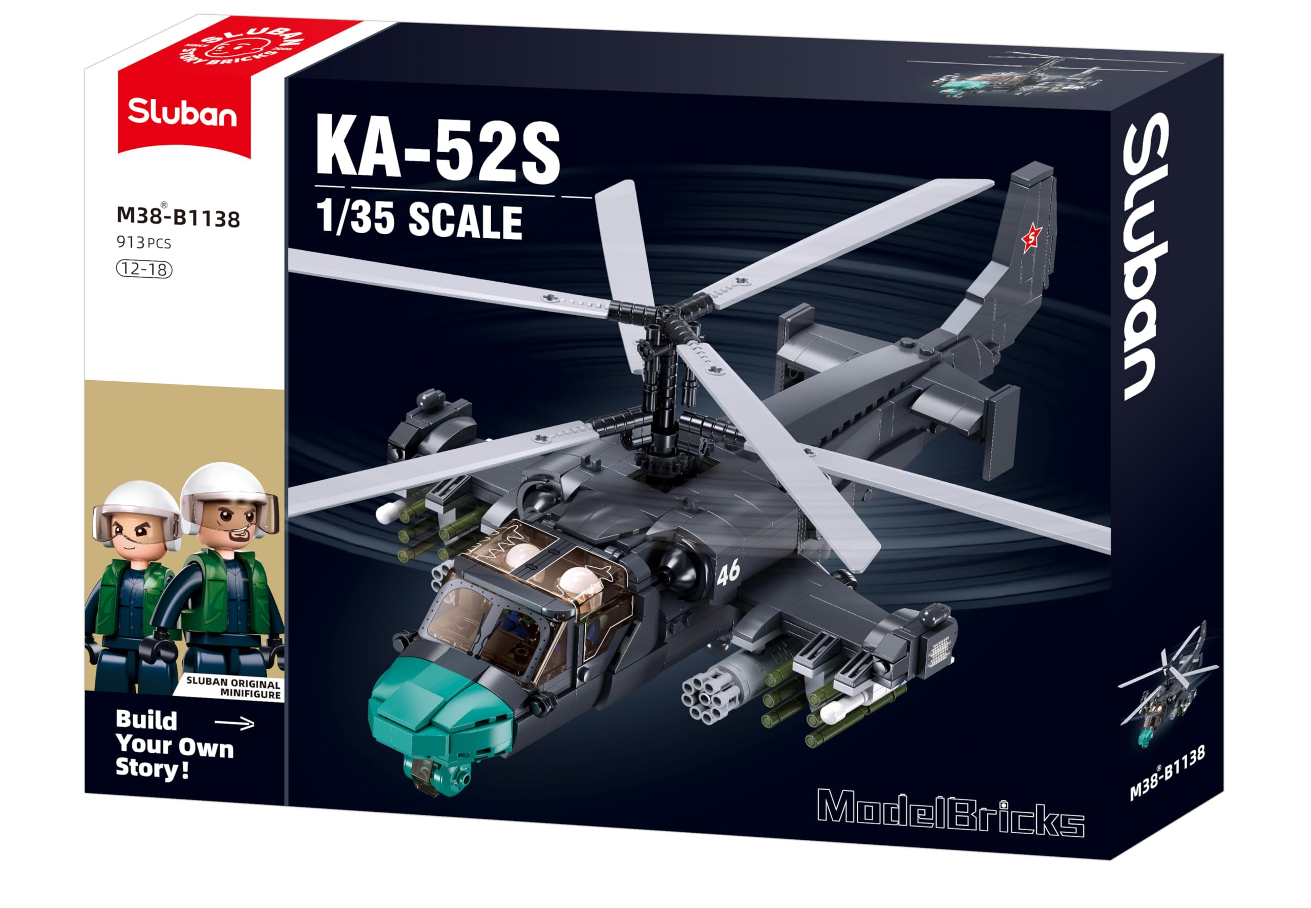 Sluban KA-52S Hélicoptère Militaire Maquette 1/35 913 Pièces 41,6 cm Set de Construction Rouge et Or