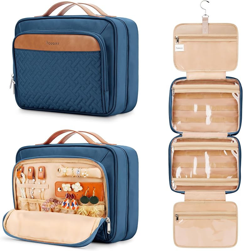Necessaire de viagem suspensa COOSKY com compartimento para joias, cinto para mala e gancho, azul-marinho
