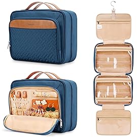 Travel Hanging Toiletry Bag for Women, with Jewelry Organizer Compartment, Medium Waterproof Hanging Makeup Accessories, Cosmetic Essentials, Toiletries Dopp Kit Set with Trolley Belt, Navy Blue