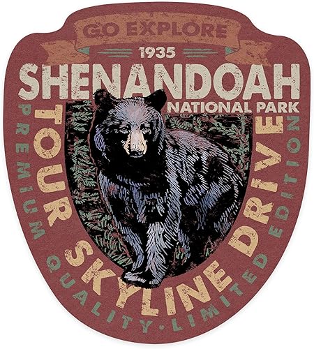 Adhesivo troquelado Parque Nacional Shenandoah, Virginia, Go Explore, Bear, Adhesivo de vinilo de contorno de 1 a 3 pulgadas (calcomanía impermeable