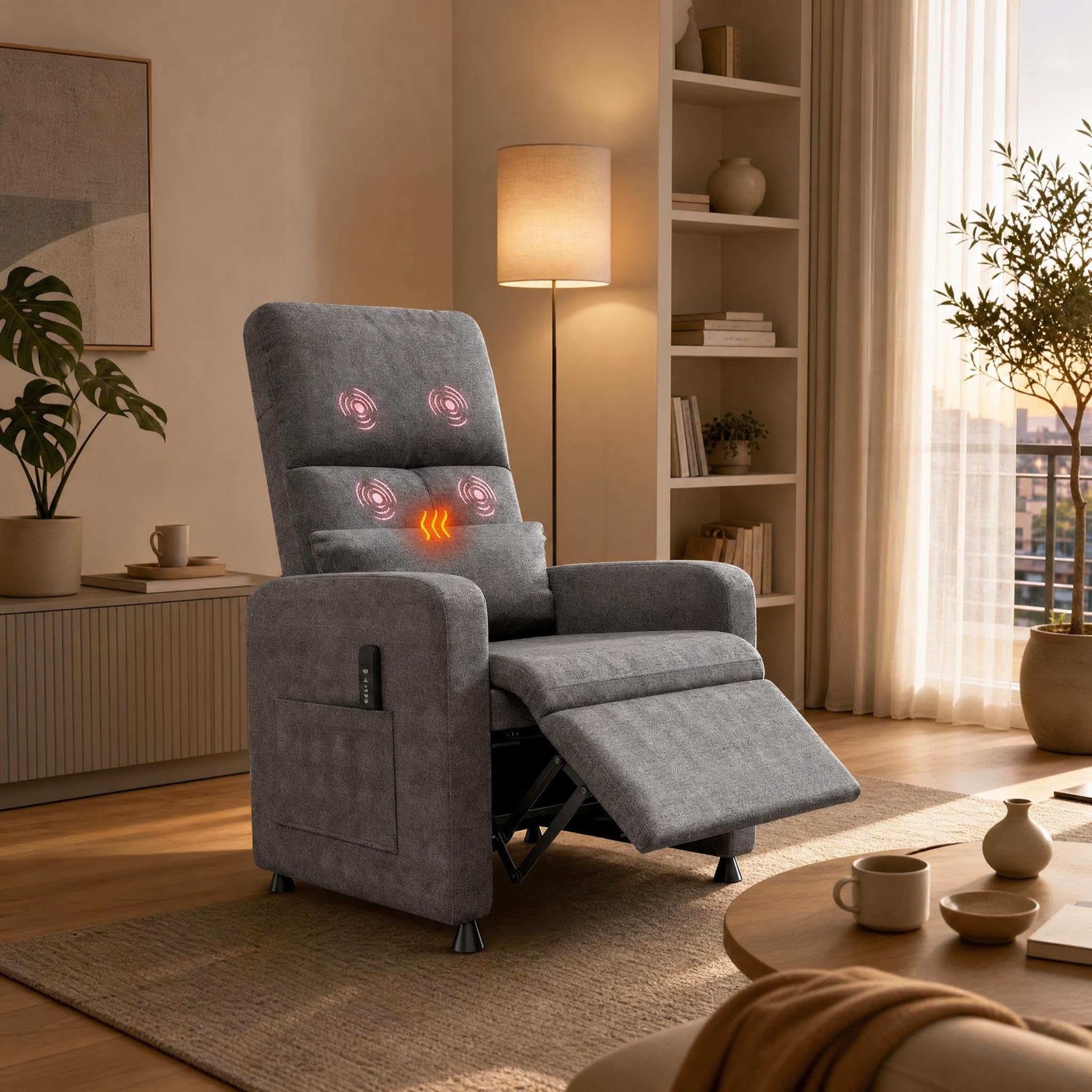 Sillón Reclinable Eléctrico, Sillón Relax con Masaje y Calor, Sillón Masajeador Ergonómico con USB y Bolsillos, Butaca Ideal para Salón, Cine en Casa, Dormitorio, Leer o Ver TV