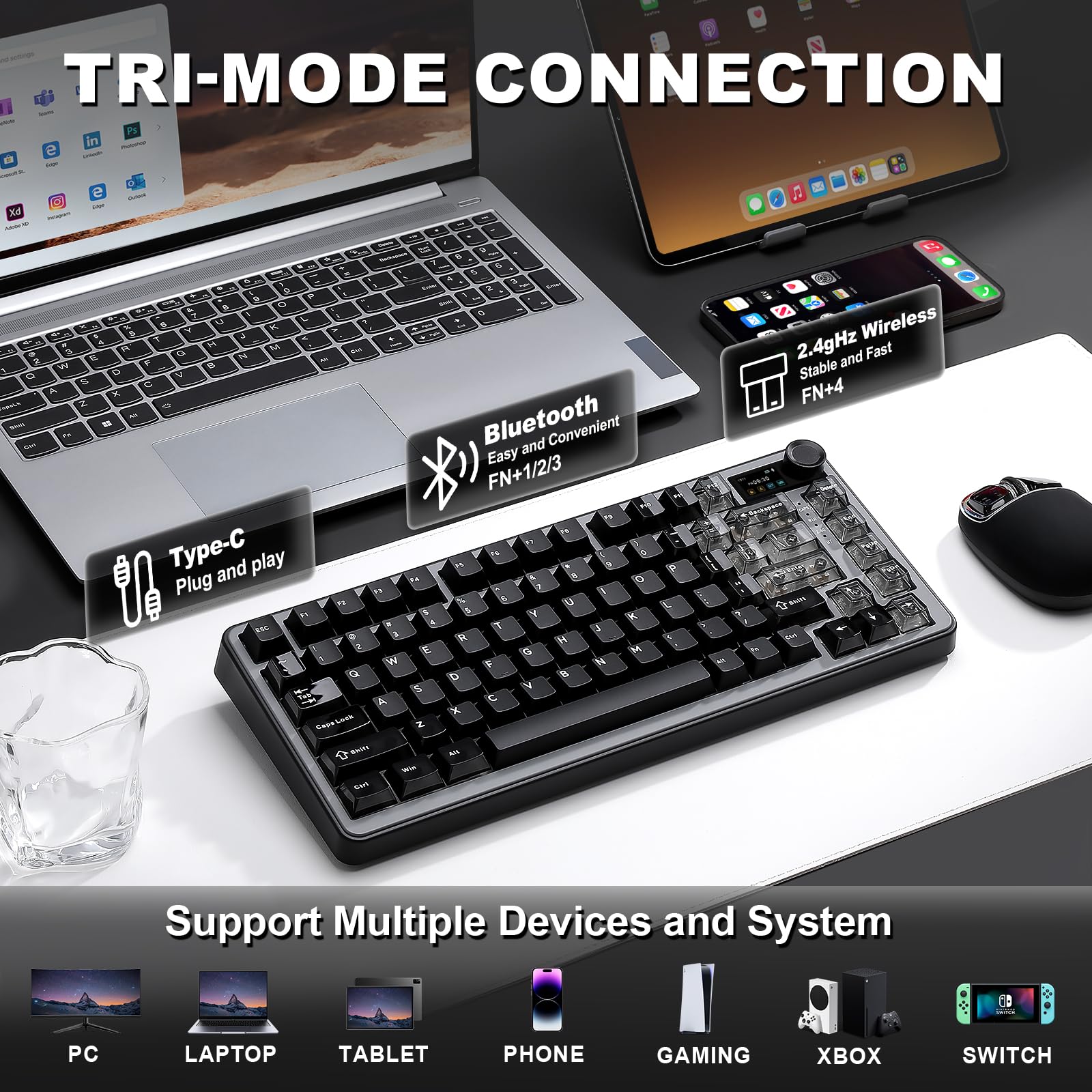 YUNZII B75 Pro Max QMK/Via Clavier Mecanique sans Fil, 75% Disposition avec Écran TFT et Molette, Gasket Hot Swap Switch Pré-lubrifiés, RGB, BT/Filaire/2,4G pour Win/Mac (Noir, Candy Switch) - 5