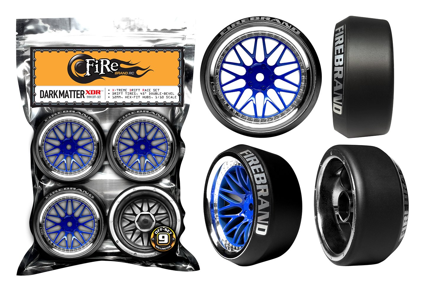 FIRE BRAND RC® DarkMatter-XDR9™ Baller-Blue & Ice-Chrome On-Road Drift Wheels w/Diamonds™ 45?/5? Double-Bevel Drift Tires, 1:10 Scale, 12mm Hex-fit, 9mm Off-Set (Set of 4), Pre-glued