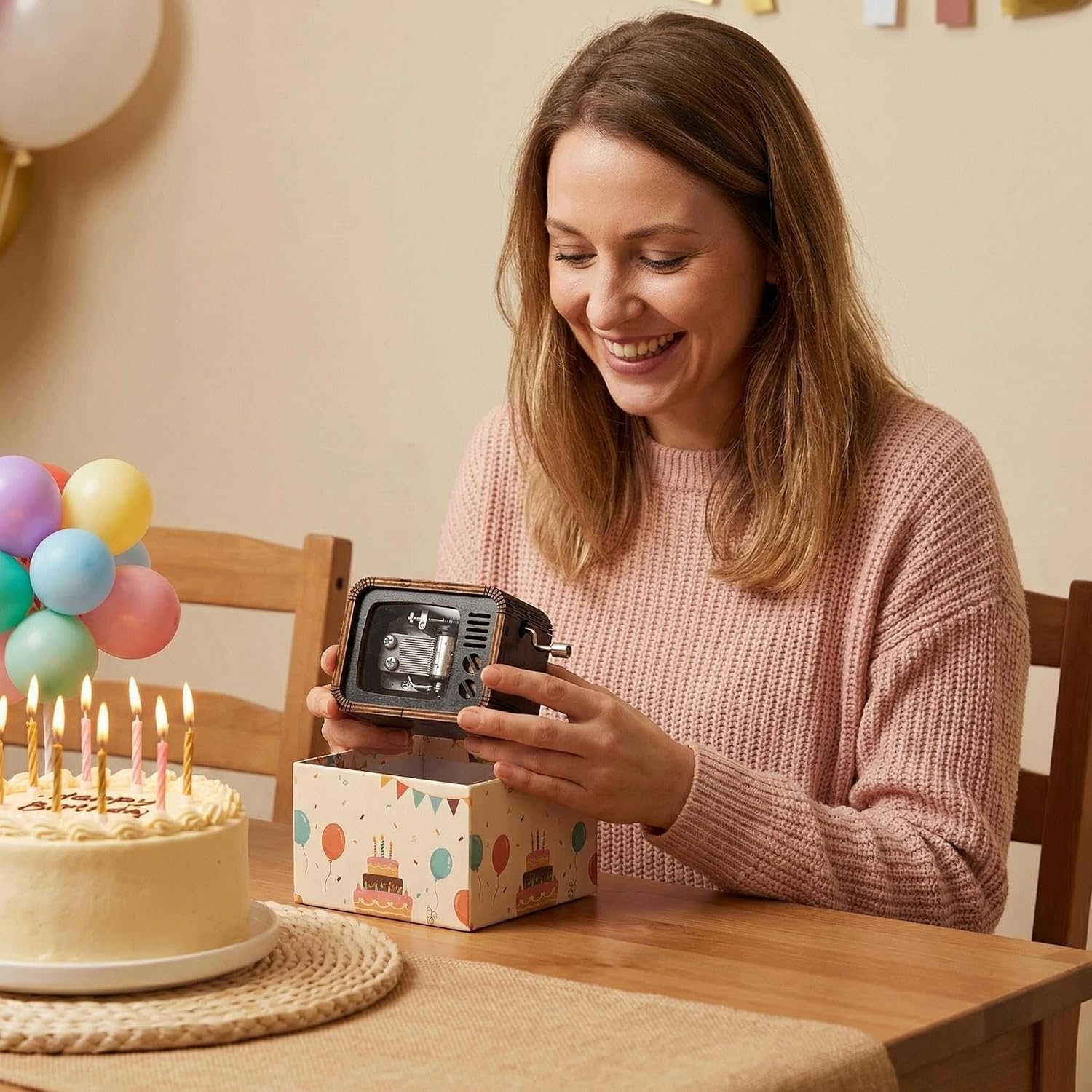Huntmic Black Wood Birthday Music Box,TV Shape Vintage Musical Boxes Gift for Mom/Daughter/Sun,Wooden Hand Crank Happy Birthday Music Boxes