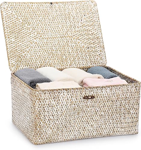 Vista 108 de Hipiwe Cestas de mimbre con tapa, cesta de pastos marinos tejida a mano, cestas rectangulares para el hogar, cajas para estantes, armario, Café