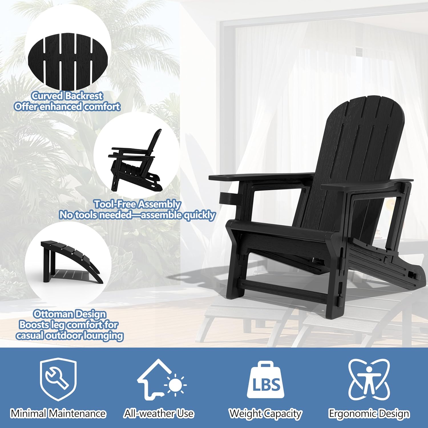 Shintenchi Adirondack Chair Set of 2,HDPE Adirondack Chairs with Umbrella Hole Connecting Tray & 2 Curved Ottoman,Plastic Outdoor Chairs with Cup Holders for Garden Backyard Pool,Black