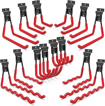 3-H Slatwall Accessories 14 Pack, Slatwall Hooks & Hangers 7 Sizes, Slat Wall Hanging Hooks, Proslat Accessories for Garage Wall Panels Organzing Garden Tools Chairs LadderRed