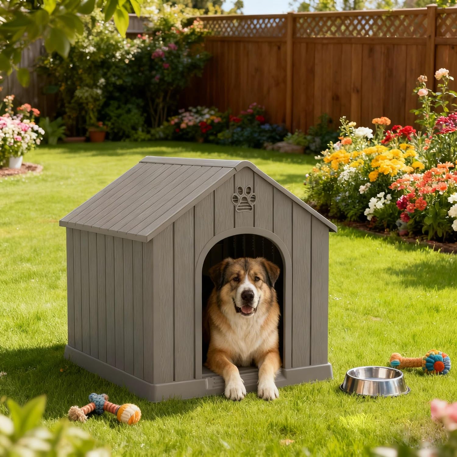 Bifanuo Dog House for Outdoor & Indoor, Waterproof Puppy Shelter with Air Vents & Elevated Floor, Easy Assemble Sturdy Dog Kennel for Large Dogs (Grey, 36.2''L×38''W×38''H)