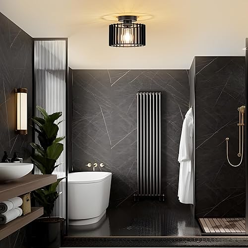 Miniatura 6 de Lámpara de techo industrial de hierro negro con jaula de hierro empotrado, 9 pulgadas de diámetro, lámparas de techo modernas para pasillos,