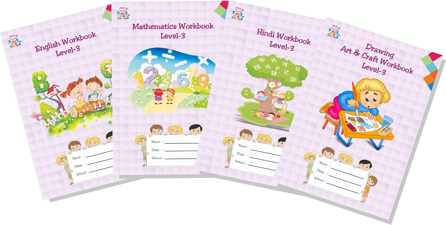 Playwayshop Work Book for Level 3-LKG (English, Mathematics, Hindi, Drawing Art & Craft) play group school nursery lkg hkg picture brain activity books child Set of 4 Playwayshop Work Book for Level 3-LKG (English, Mathematics, Hindi, Drawing Art & Craft) play group school nursery lkg hkg picture brain activity books child Set of 4