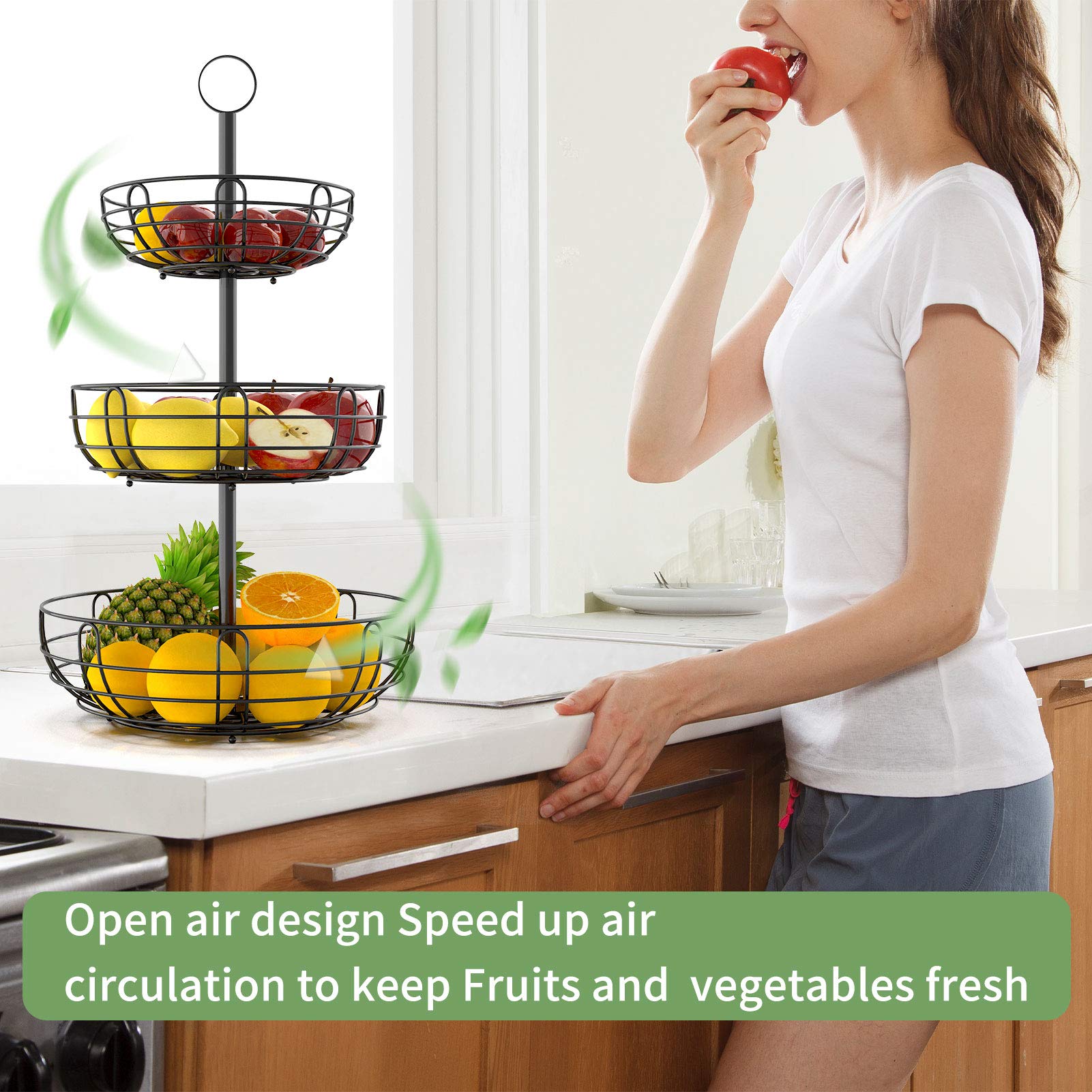 VINATO Portafrutta a 3 Ripiani in Metallo – Fruttiera Moderna con Maniglie in Legno, per Cucina, Bagno & Altro – Ideale per Frutta, Verdura & Organizzazione, Nero