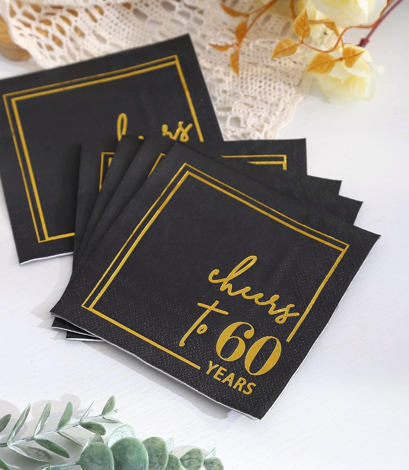 Cheers to Years Cocktail Napkins - 50 PK - 3-Ply Birthday Napkins 5x5 Inches Disposable Party Napkins Beverage Paper Napkins or Birthday Decorations Wedding Anniversary Black and Gold (60 Years) - Image 5