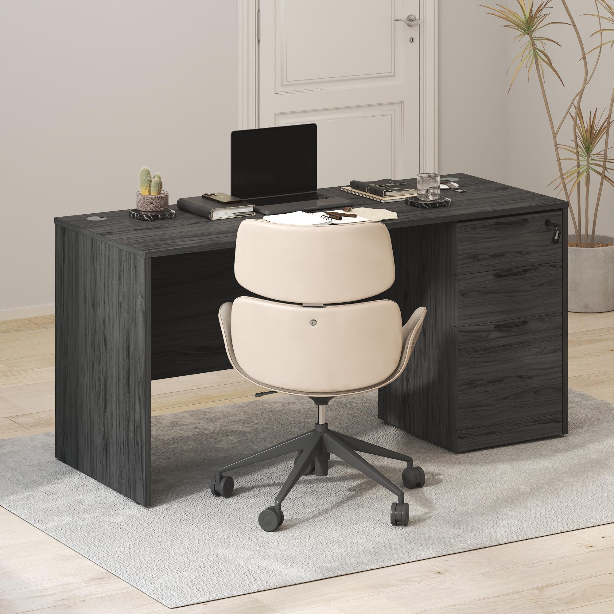 Furinno Roger 60 Inch Executive Desk with File Cabinet, Home Office Desk with 3-Drawer Fixed Pedestal Filing Credenza Cabinet, Desk Cord Grommet, for Home Office, Antique Grey