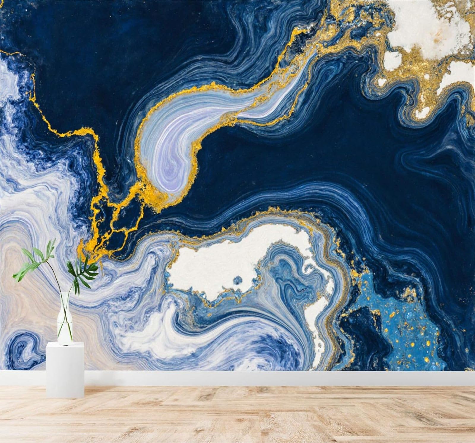XLMING Abstract Blue and Gold Swirling Patterns Marble Texture 3D Wallpaper Silky Texture Home Study Office Grey Dining Room Sofa Bedroom Living Room TV Backdrop-400cm×280cm