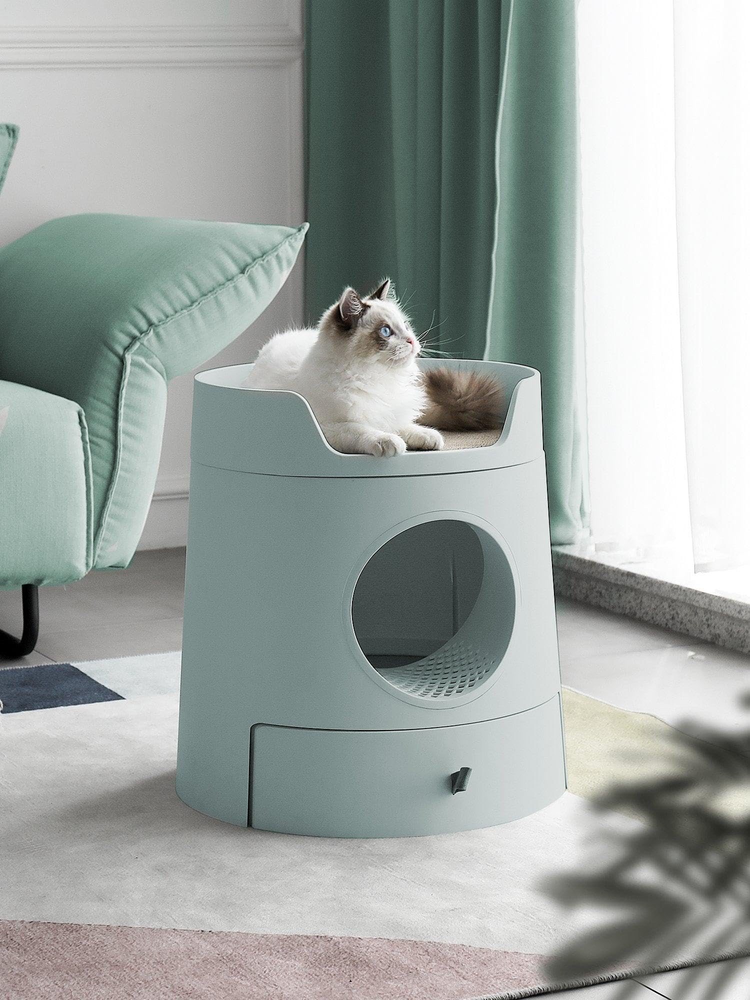 Sabbia Castelo 3in1, vassoio igienico lettiera per gatti - vassoio sanitario con cassetto smontabile. Include tiragraffi per gatti, letto e pala per letto con supporto (grigio)