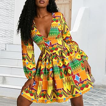 Amazon.com: jascaela Womens Sexy V Neck African Print Dashiki Dress Long  Lantern Sleeve Short Swing Dress Party Club Yellow (Small) : Clothing,  Shoes & Jewelry