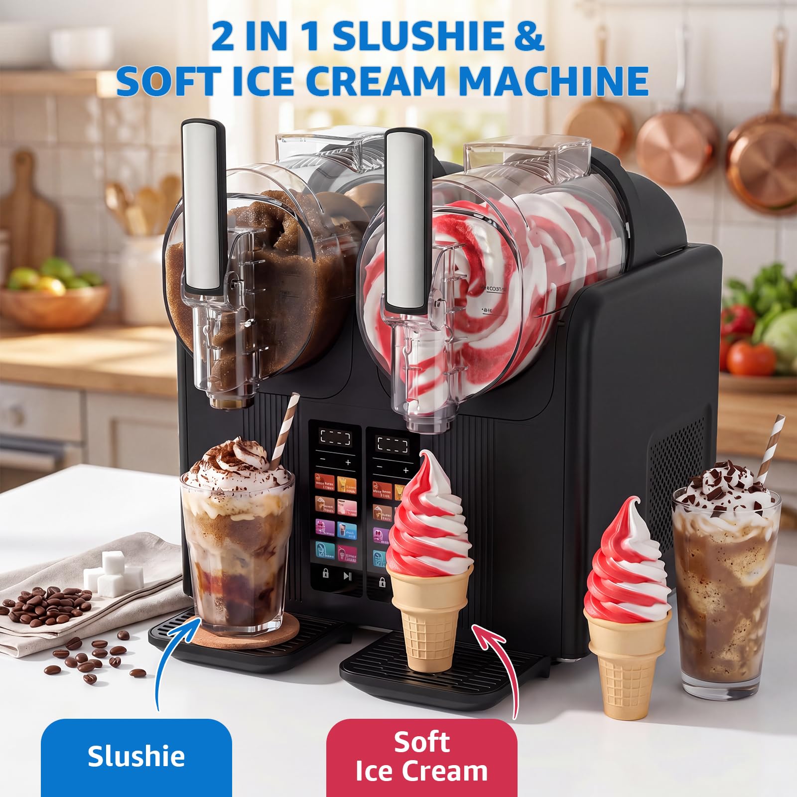 Macchina per Granita Slushie Machine 2 x 2L, Granitore per Granite Professionale Macchina per Granite da Casa Sorbettiera Macchina per Bevande Ghiacciate con 7 Programmi, per Gelato, Frappè, Milkshake
