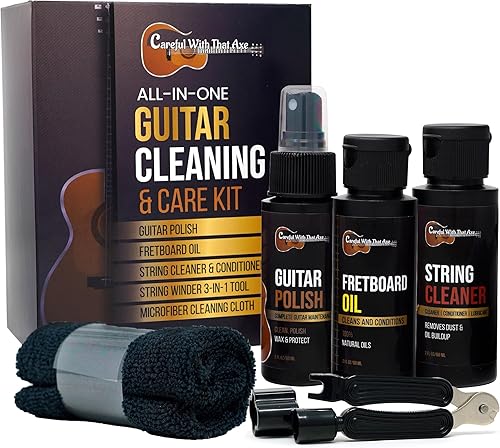 Kit de Limpieza y Pulido para Guitarra, Limpiador de Cuerdas, Enrollador y Aceite para Diapasón | HECHO EN EE.UU. | Aceite y Limpiador para Guitarra
